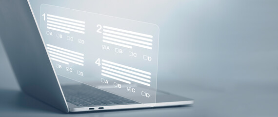 Virtual test or questionnaire show on screen and answer check mark to measure grades. Education...