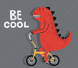 Cartoon dinosaur riding a bike. Cute dino on a bicycle.