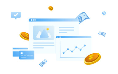 Financial management concept and investment, Flat design of payment and finance with money, cash, banknote, calculator and credit card.