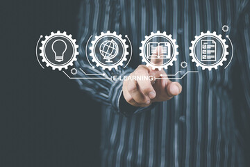  e-learning and education concept, woman's hand using a smartphone, showing icons, learning through a technological medium or online. that reduces the constraints on time and place of study