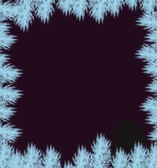 Tops of trees in hoarfrost along the edges of the sheet.  Blue branches on a black background.  Free space for text in the middle of the picture.  Winter illustration for postcard, congratulations, gi