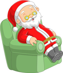 The old Santa claus is sitting and sleeping on the big comfortable sofa