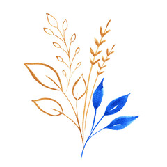 Watercolor blue and gold floral bouquet. Luxury Botanical composition for wedding or greeting cards. Isolated.
