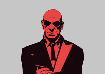 bald mafia man in suit silhouette illustrated portrait, red gangster