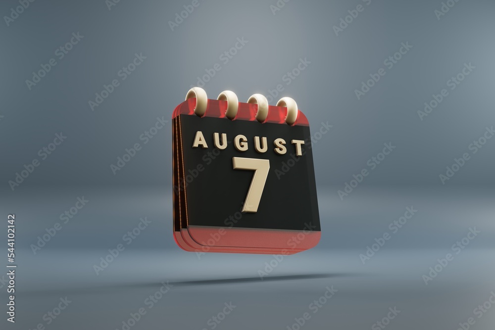 Poster Standing black and red month lined desk calendar with date August 7. Modern design with golden elements, 3d rendering illustration. Blue gray background..