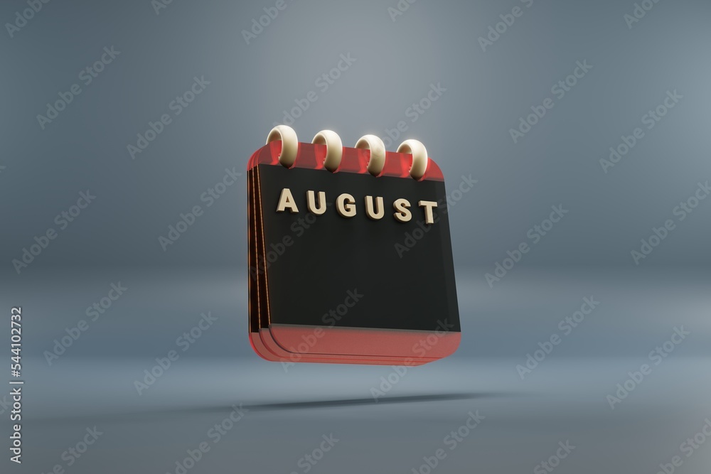 Poster Standing black and red month lined desk calendar with date August . Modern design with golden elements, 3d rendering illustration. Blue gray background..