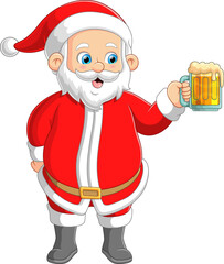 Santa claus drinking beer, celebrating and smiling
