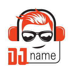 Dj Logo Design. Creative vector logo design with headphones and DJ with glasses. Music logotype template. For accessory, brand, identity, logotype, company, shop, dj party. Black background. Mp3 sign.