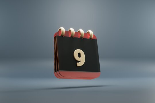 Standing black and red month lined desk calendar with date 9. Modern design with golden elements, 3d rendering illustration. Blue gray background.
