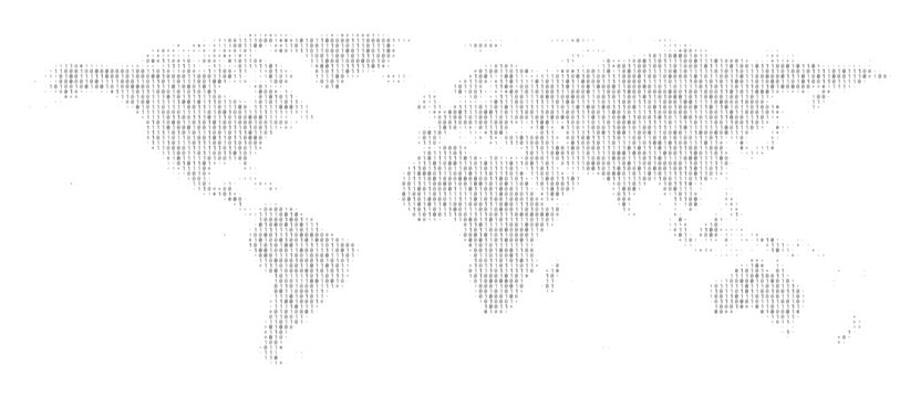 Abstract gray digital binary code world map isolated on white background. Technology, coding, or big data concept. Vector illustration
