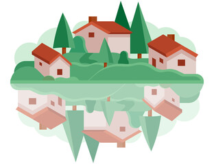 Landscape with houses. Green Hills with Local Houses as Cozy Cityscape or Urban Landscape Vector Illustration
