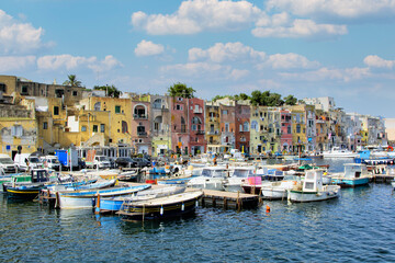 Fototapeta na wymiar View of the colorful harbor of the island of Procida Naples Italy