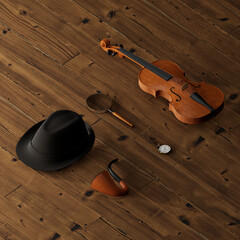 ORTHOGRAPHIC VIEW WITH VINTAGE DETECTIVE ITEMS ON WOODEN FLOOR