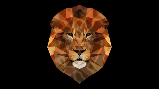 Iridescent mosaic head of a lion. Polygonal lion head. Geometric lion. A glittering portrait. King of the animals.