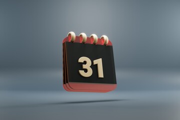 Standing black and red month lined desk calendar with date 31. Modern design with golden elements, 3d rendering illustration. Blue gray background.