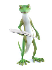 3D rendering of a cool gecko reading book.