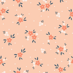 Cute floral pattern. Seamless vector texture. An elegant template for fashionable prints. Print with white and orange  flowers and dark blue leaves . orange background.