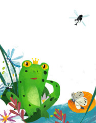cartoon frog and funny bugs insects flying illustration