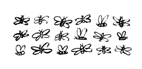 Childish style bees illustrations isolated on white background. Brush drawn abstract black flying bees. Random black and white butterflies silhouettes. Vector trendy simple insects. 