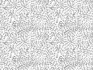 Seamless pattern with dashed strokes. Hand drawn hatching texture, chaotic short lines in swirls. Brush drawn random dots and strokes ornament. Vector black and white doodle pattern. 