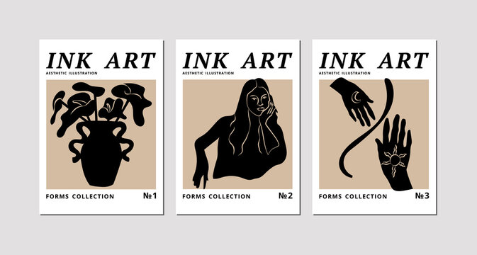 Vector set of ink contemporary art posters with silhouette of vase with flowers, woman body shape and human hand gesture.