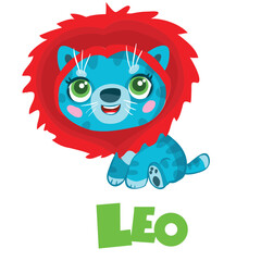 virgo zodiac sign, blue cat with red mane, year of the cat, isolated object on white background, cartoon illustration, vector,