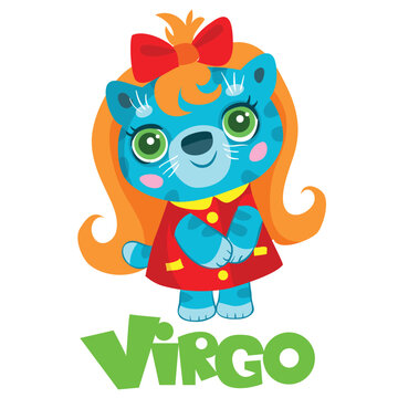 zodiac sign Virgo, blue cat in a dress and with red hair, year of the cat, isolated object on a white background, cartoon illustration, vector,