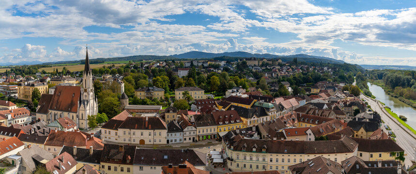 panorama view of the city of Melk and the Danube River in lower Austria