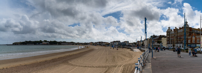 panorama view of the esplanade and beach in downtown Weymouth - obrazy, fototapety, plakaty