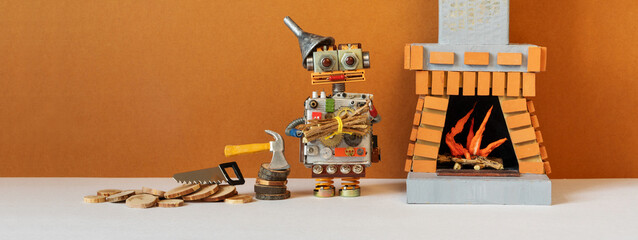 A toy robot with a bundle of firewood stands near the fireplace chimney, mantle. The concept of...