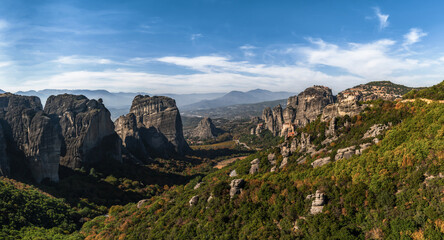 panorama landscape view of the monasteries and rock formations of Meteora in Greece
