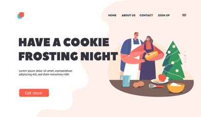 Couple Cooking for Christmas Landing Page Template. Male and Female Characters Hugging and Prepare Bakery on Kitchen