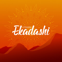 Indian event Utpanna Ekadashi banner template. Sunrise over the mountains.