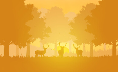 Obraz na płótnie Canvas Silhouette of a deer standing in the forest in autumn at sunrise. Abundant natural landscape. Digital art style. illustration painting.