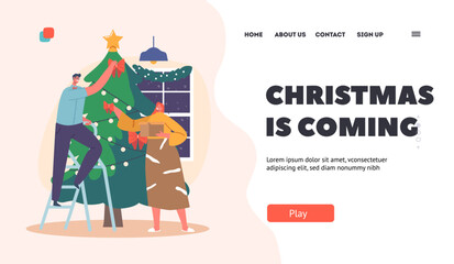 Christmas is Coming Landing Page Template. Couple Characters Preparing for New Year and Xmas Celebration, Illustration