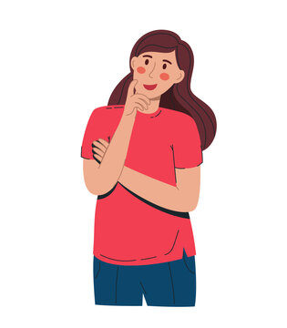 A Young Beautiful Woman In Doubt. In A Red Tshirt And Blue Trousers. Vector Illustration Flat Isolated White Background