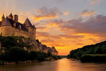 Beynac et Cazenac village with medieval Chateau Beynac on dramatic sunset, Dordogne, France - obrazy, fototapety, plakaty