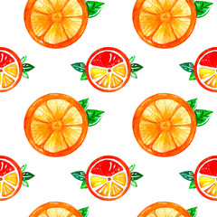 Watercolor tangerine pattern, seamless on white background, citrus, lime texture