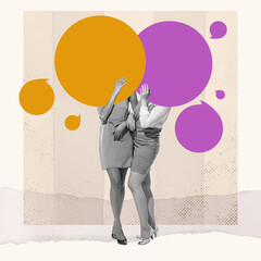 Girlfriends. Contemporary art collage. Two women with color speech bubble, copy space instead heads...