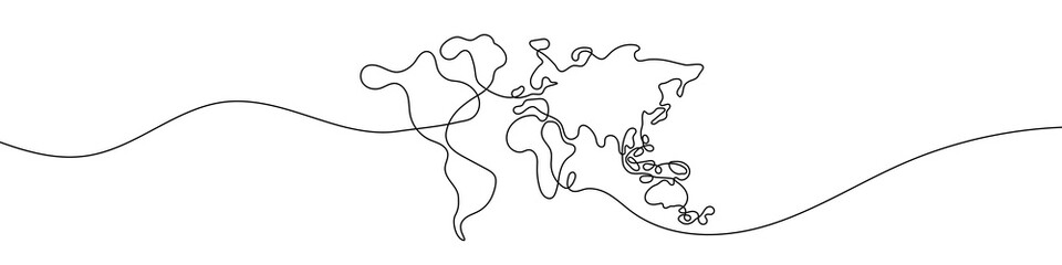 Continuous line drawing of World map. One line image of world map. One line drawing background. Vector illustration.