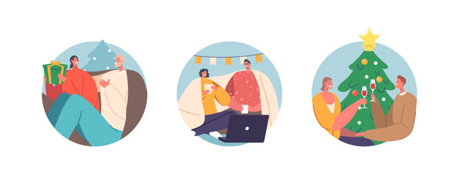 Young Couple Celebrate Christmas Isolated Round Icons or Avatars. Man and Woman New Year and Xmas Holidays Celebration
