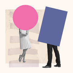 Contemporary art collage of retro couple on pastel background with speech bubble, copy space. Concept of romance, proposal, love, relationship, creativity, imagination, inspiration, ad - obrazy, fototapety, plakaty