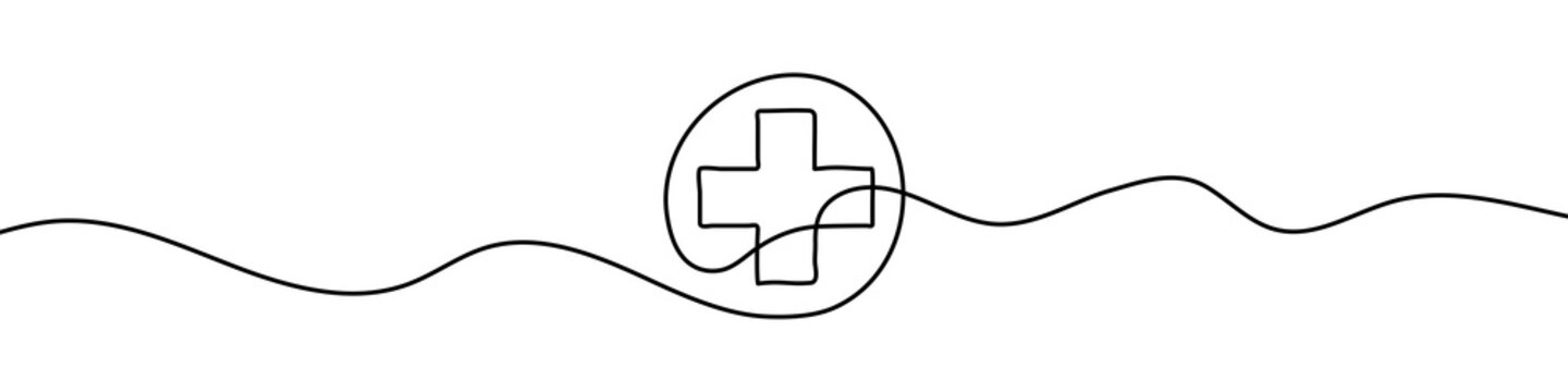 Continuous Linear Drawing Of Hospital Sign. Medical Cross Icon. Abstract Background Drawn With One Line. Vector Illustration.