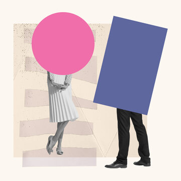 Contemporary art collage of retro couple on pastel background with speech bubble, copy space. Concept of romance, proposal, love, relationship, creativity, imagination, inspiration, ad