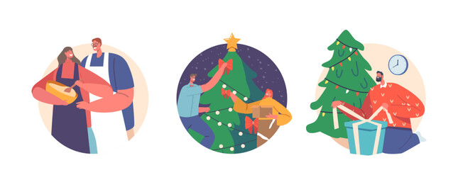 Set Young Couple Celebrate Christmas Holiday Isolated Round Icons or Avatars. Man and Woman Packing Gifts, Cooking