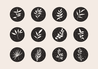 Social media highlight covers. Botanical boho set of minimal icons, simple bohemian hand-drawn icons logo design. Vector custom illustration.