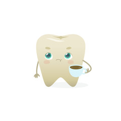 Obraz premium Tooth with yellow enamel turns away from cup of coffee. Cartoon dental mascot with enamel darkening.
