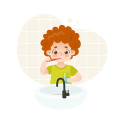 Cute baby boy brushing his teeth in the front of the sink. Kids dental hygiene illustration.