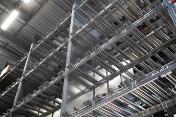 Empty warehouse ineterior with industrial racks pallets shelves. Warehouse background