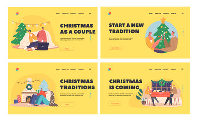 Young Loving Couple Celebrate Christmas Landing Page Template Set. Sitting at Table, Drinking Wine, Watching Movie